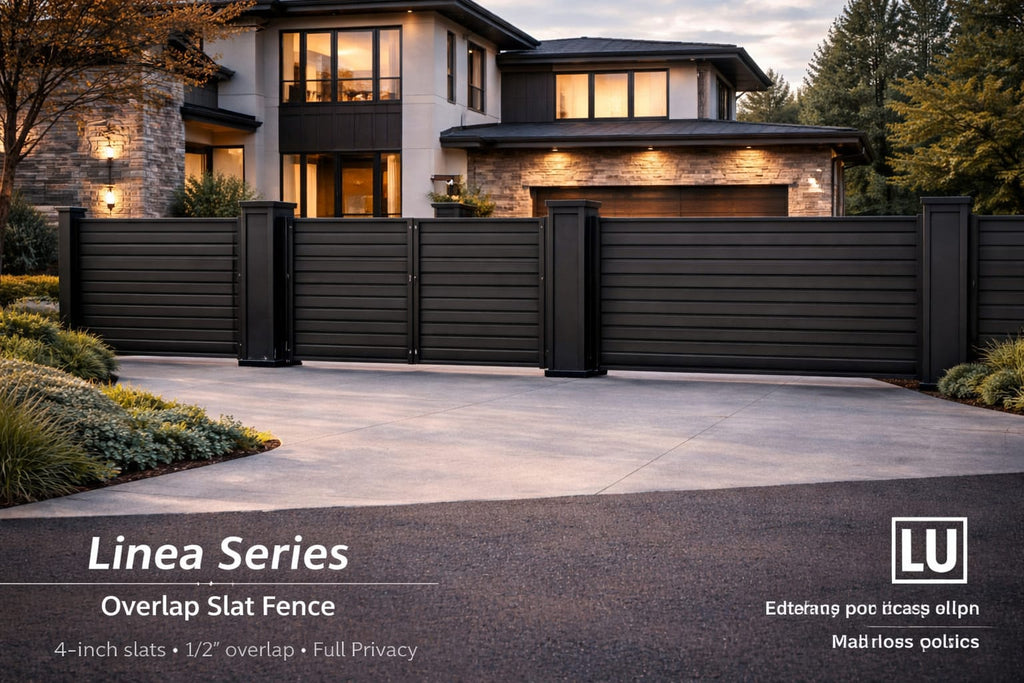 Modern house with a black metal fence labeled 'Linea Series' by LU.