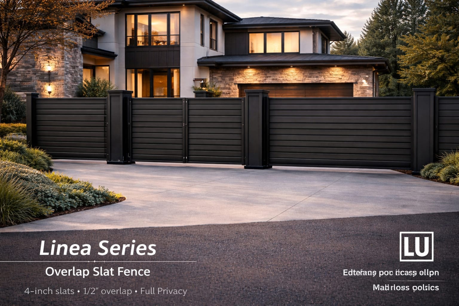 Modern house with a black metal fence labeled 'Linea Series' by LU.